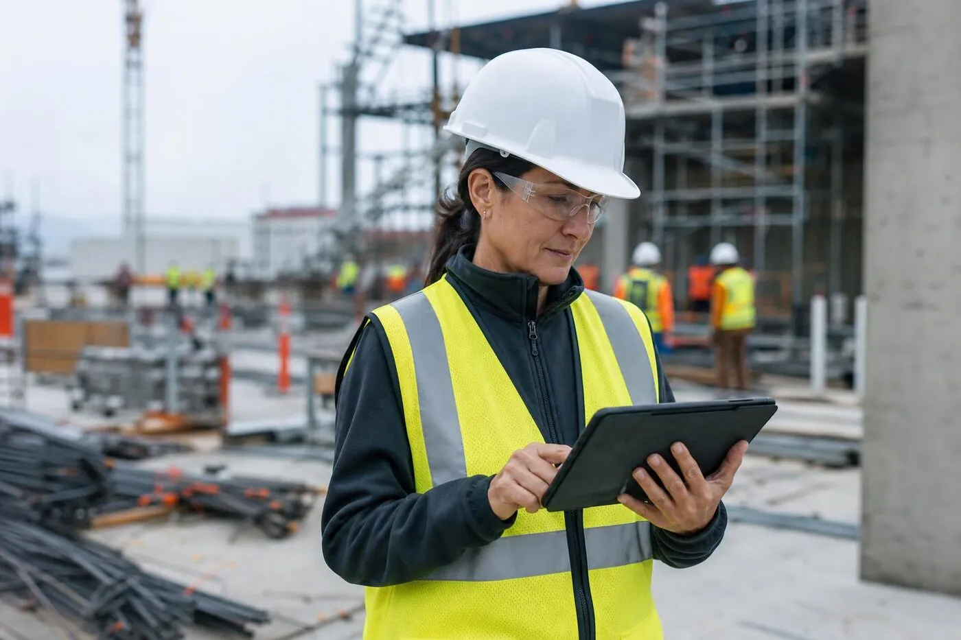 Construction safety consultant in PPE reviewing a tablet on an active jobsite
