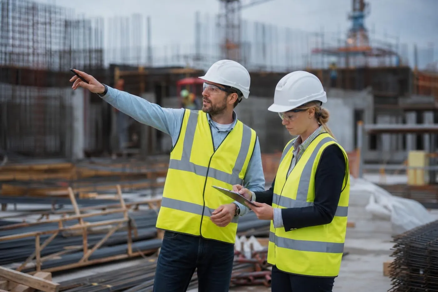 Two AM Safety Partners safety professionals coordinating on an active Southern California construction site