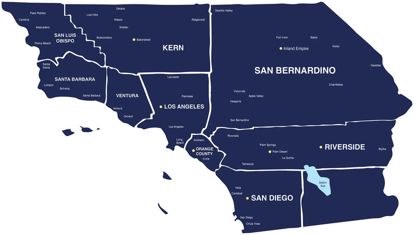 Map of Southern California highlighting the 9 counties served by AM Safety Partners: San Luis Obispo, Santa Barbara, Kern, Ventura, Los Angeles, San Bernardino, Orange, Riverside, and San Diego